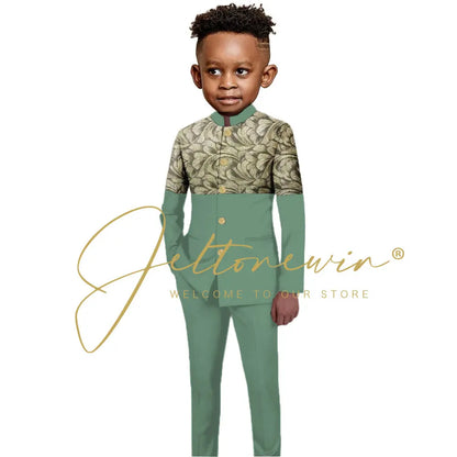 African Style Boys Suit Burgundy Gold Floral Jacket Pants 2 Piece Set Stand Collar Blazer Wedding Tuxedo Kids Formal Party Dress
