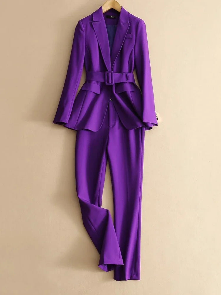 Two Piece Formal Suits Fashion Suit Office Ladies Women's Pantsuit Purple Business Classic with Belt Blazer Straight Pants Set