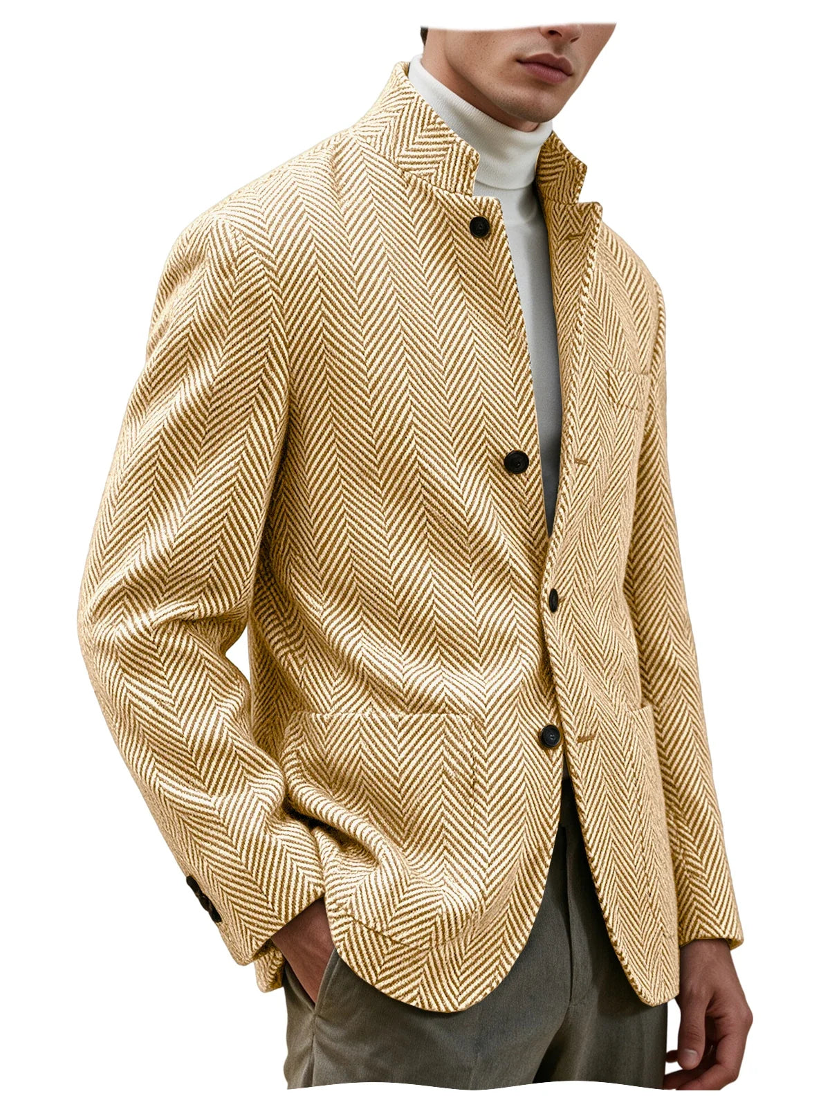 Men's Herringbone Tweed Stand Collar Blazer  Notch Lapel Slim Fit Wool Blend Sport Coat Business Casual Wedding Prom Man Jackets