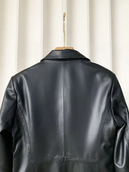 High Quality Women Single Breasted Genuine Leather Suit Jacket Fashion Office Lady Lapel Collar Slim Fit Sheepskin Blazers