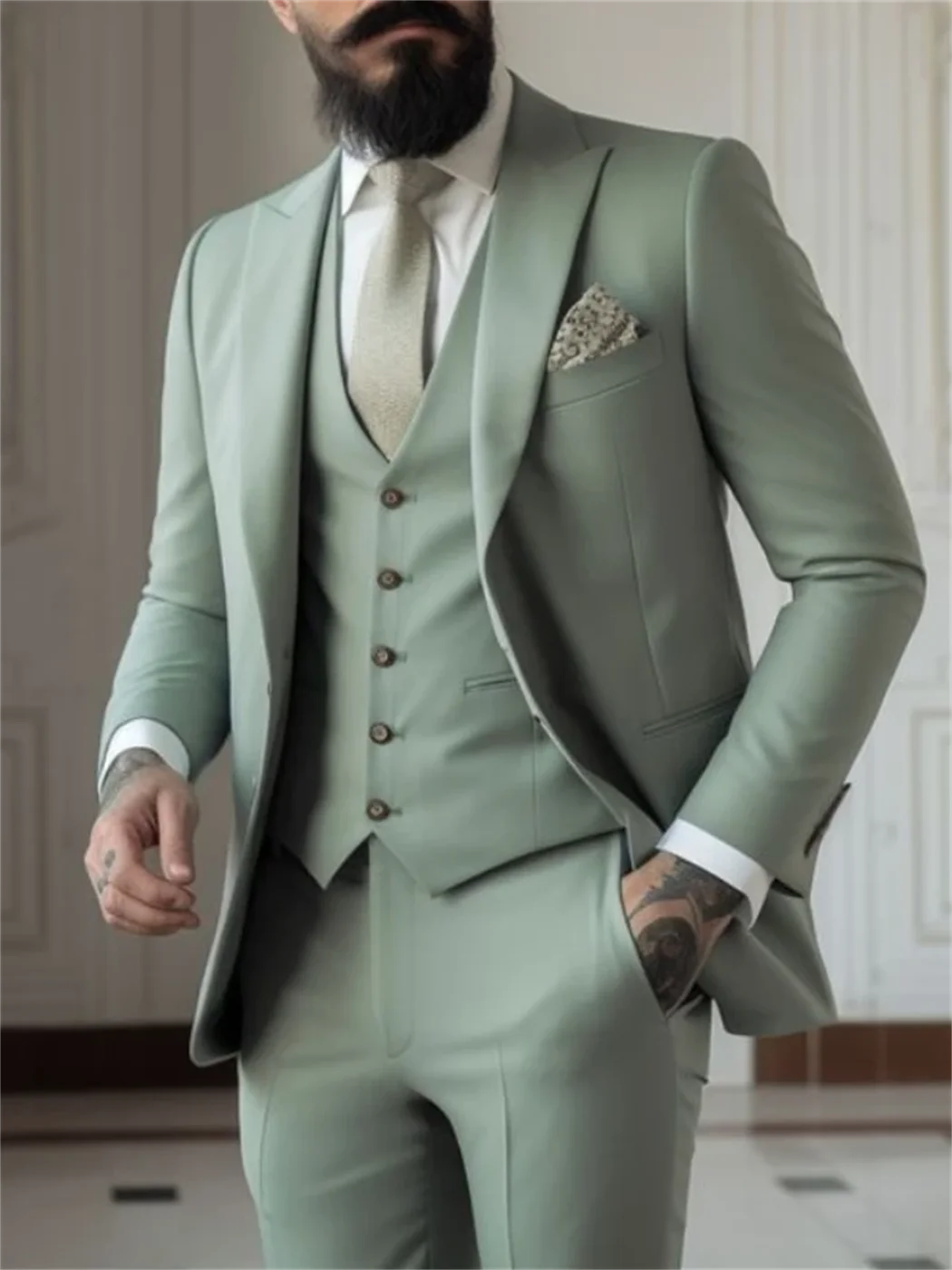 Costumes 3 Pièces Vert Sauge pour Homme Coupe Ajustée (Veste+Gilet+Pantalon) Tuxedos de Mariage pour Marié Blazers Formels de Bal pour Homme