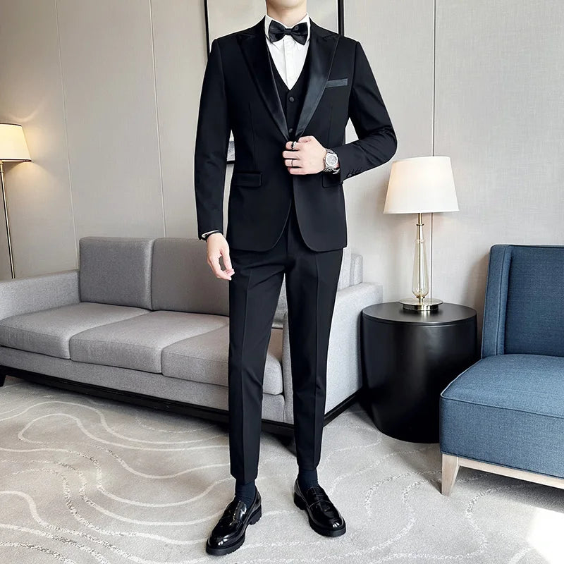 Men's Slim Fit Wedding Suit – Jacket, Vest & Pants | Smart Casual Black Tuxedo for Groom
