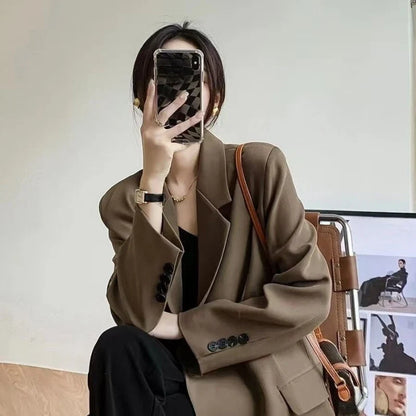 Elegant Women's Basic Solid Color Single Breasted Loose Casual Long Suit Jacket 2025 Spring Autumn Premium Trench Black Coat
