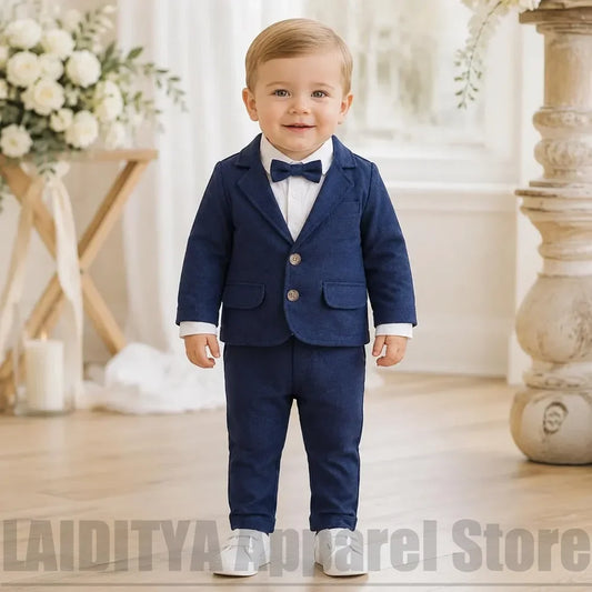 Chic Boys Navy Blue Linen Suit 2 Piece Single Breasted Jacket Pants Baby Formal Outfit Ring Bearer Wedding Birthday Party Tuxedo
