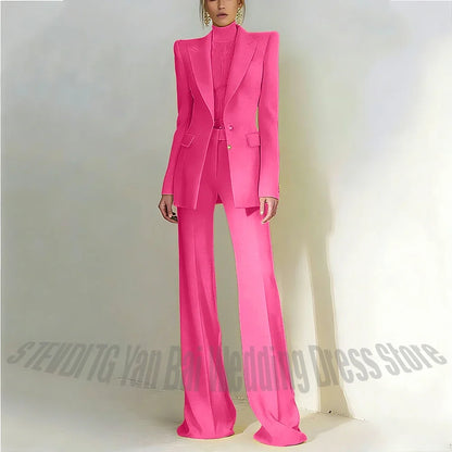 Women Pant Suit 2 Piece Set Office Female Business Work Formal Jacket Trouser One Button Chic Yellow Peaked Lapel Elegant Suit