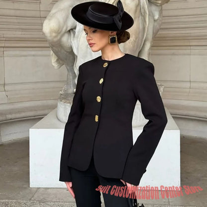 Vintage Single Breasted Blazer Woman Pants Set Black Elegant Round Neck Jacket Daily Business Office Wear Evening Party Costume