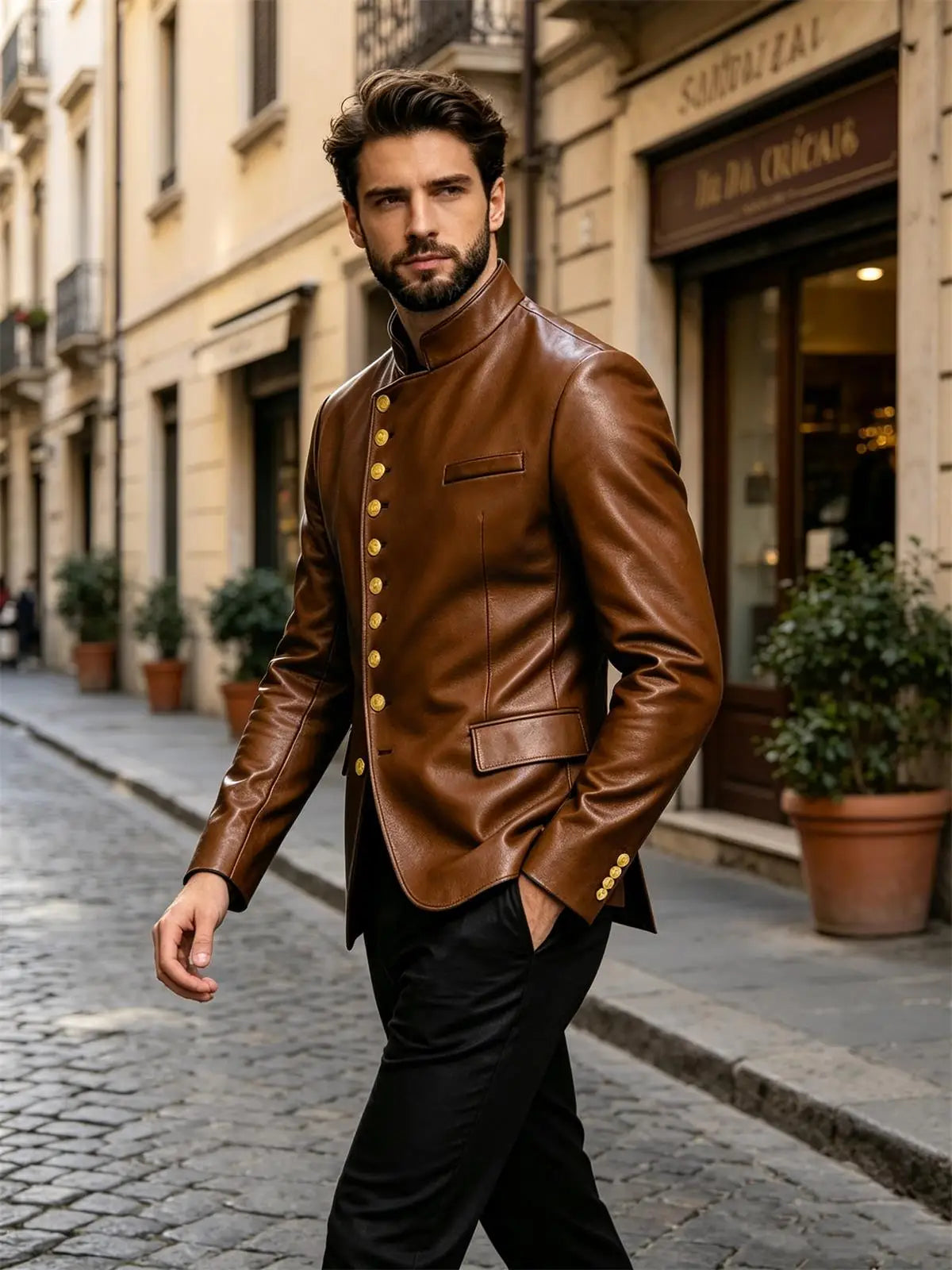 Luxury PU Men's Suit Blazer Single Breasted Stand Collar Slim Fit Leather Jacket Vintage High Quality Business Party Male Tuxedo