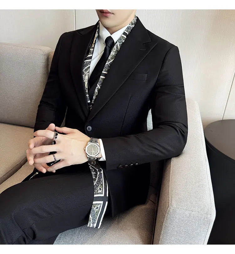Scarf With Design Double Collar Suit Men's Business Casual Groom Wedding Slim Fit Suit Tuxedo 3-piece Set (Jacket+Vest+Pant)
