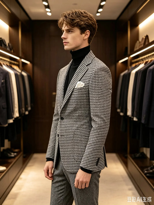 1 Piece Men's Houndstooth Suit Jacket Formal Two Buttons Notch Lapel Blazer for Party Prom Business Groom Tuxedos Only One Coat