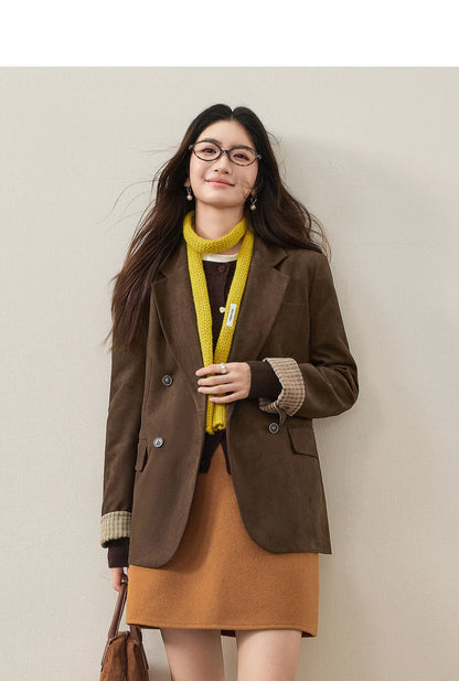Women's Suede Casual Blazer Notched Lapel Loose Mid Length Outerwear 2026 Autumn New Brown Ladies Coat W63XC8300