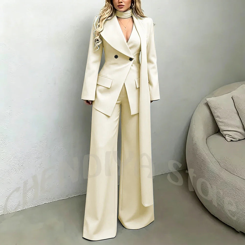 Classic Black Women Suit Set Double Breasted Asymmetrical Blazer Pants with Muffler Formal Office Elegant Two Piece Outfit