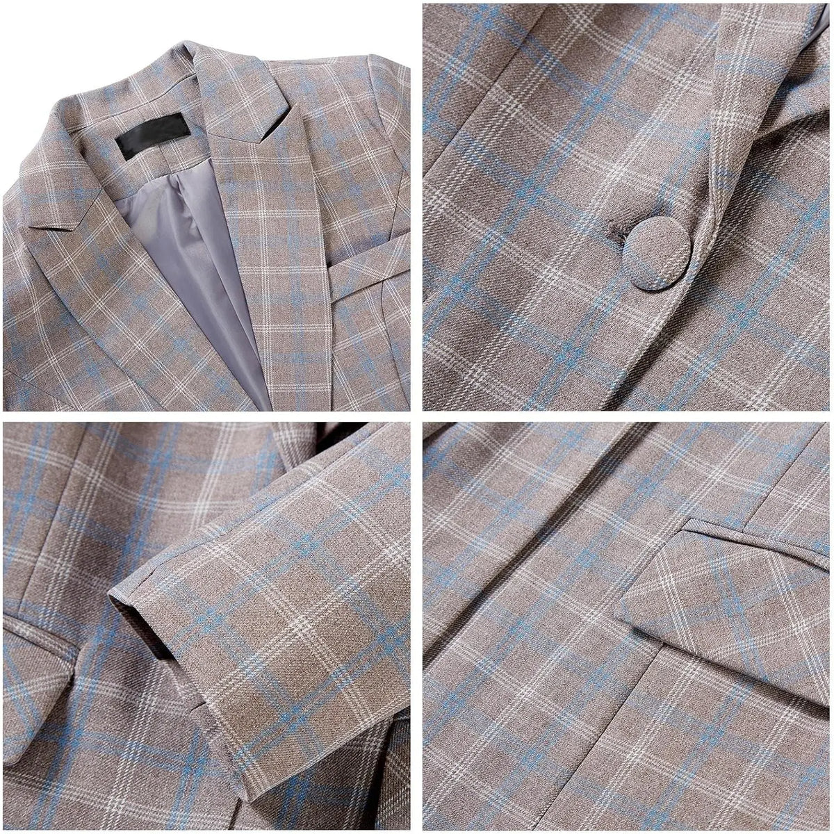 Plaid Women Suits Office Sets 2023 Vintage Long Sleeve Single Button Silm Blazers Chic High Waist Casual Pants Suits
