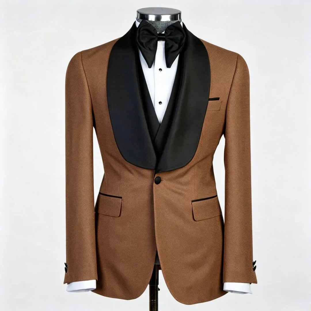 Men Suit Champagne 3 Piece With Black Lapel For Wedding Groom Banquet Party Birthday Prom Business Work Office Jacket Vest Pants