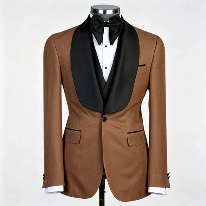Men Suit Champagne 3 Piece With Black Lapel For Wedding Groom Banquet Party Birthday Prom Business Work Office Jacket Vest Pants