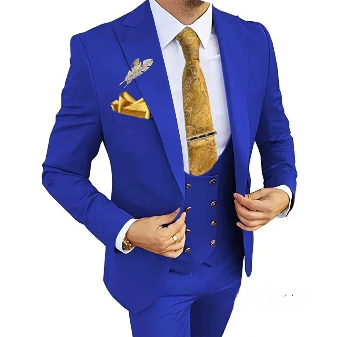 3 Piece Slim Fit Men's Suits Double Breasted Gold Button Blazer Vest Pants Set Wedding Formal Wear for Groomsmen