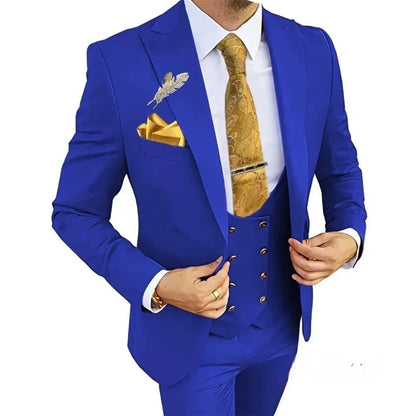 3 Piece Slim Fit Men's Suits Double Breasted Gold Button Blazer Vest Pants Set Wedding Formal Wear for Groomsmen