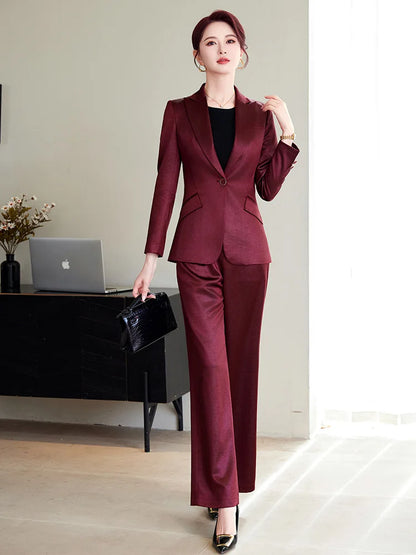 High Quality Women Purplish Red Pant Suit Female Solid Single Button Blazer and Trouser 2 Piece Set For Office Ladies Work Wear