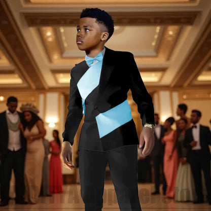 Fashion Contrast Color Children's Suit 2 Piece Double Breasted Outfit Formal Wedding Party Prom Boys Suits (Blazer+Pants)
