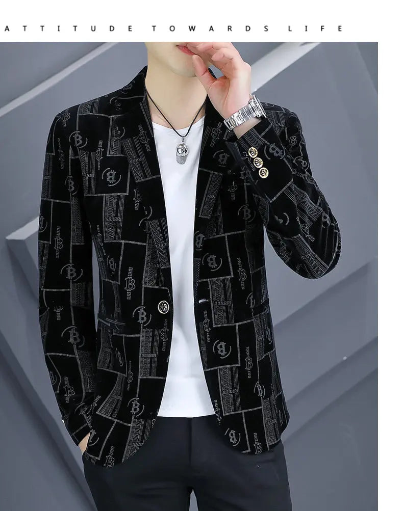 Autumn Luxury Corduroy Suit Jacket for Men Letter Printed Casual Business Men Blazers Slim Fit Social Banquet Party Dress Coats