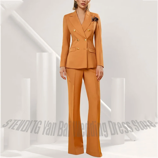 Professional Women Suit with Gold Buttons Classic Double Breasted Slim Fit Blazer Pants Formal Business Outfit Office Work Event