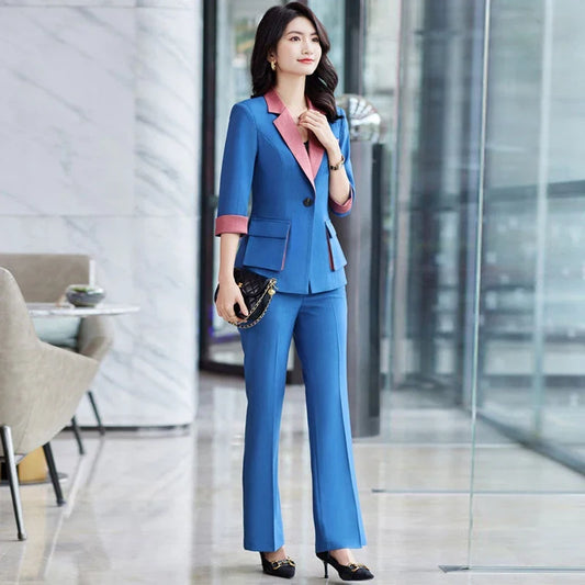High End Professional Suit Office Women Blazer 2 Piece Set 2022 New Fashion Big Pocket Female Jacket Casual Flared Trousers
