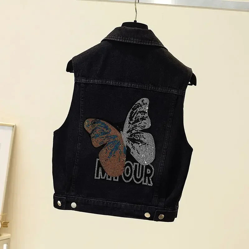Women's Hot Drill Denim Vest Cropped Sleeveless Top Korean Fashion Streetwear Diamond Designer Vest Coat Trendy Jeans Waistcoat