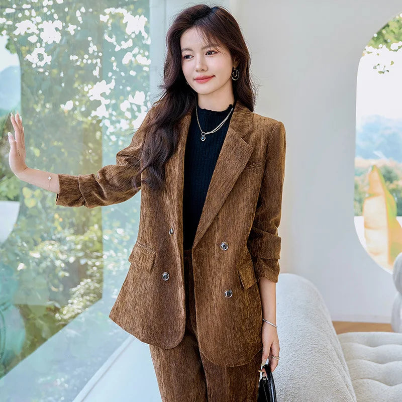 Pleuche Women Suits Office Sets 2024 Autumn New Fashion Notched Double Breasted Blazers Vintage Casual Wide Leg Pants Suits