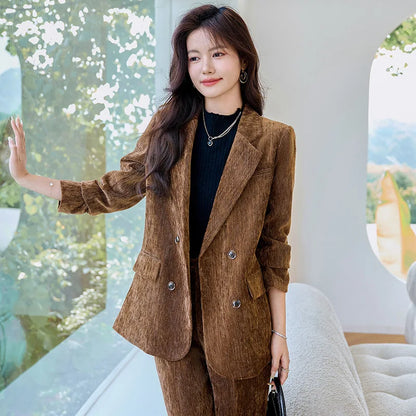 Pleuche Women Suits Office Sets 2024 Autumn New Fashion Notched Double Breasted Blazers Vintage Casual Wide Leg Pants Suits