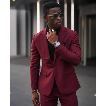 Suit for Men Burgundy Notched Lapel Set 2 Piece ( Coat+pants）Wedding Groomsmen Tuxedos Slim Fit Blazer Hombre 2023 Costume Homme