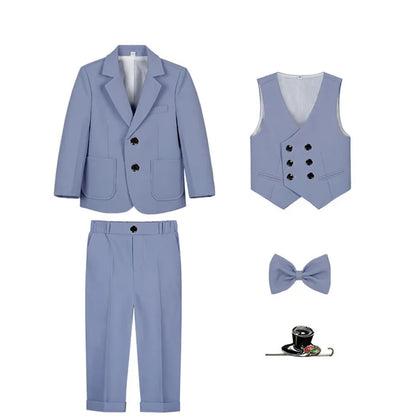 Kids Gray Jacket Vest Pants Bowtie Brooch 5Pieces Performance Costume Boys Formal Wedding Birthday Baptism Blazer Suit