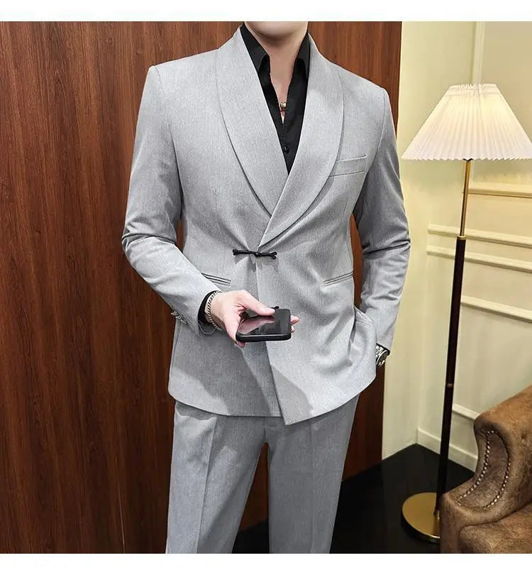 (Jacket+Pants) Vintage Luxury Chinese Style Suit Fashion Men High-end Elegant Business Social Wedding Dress Suit Tuxedo 2Pcs Set