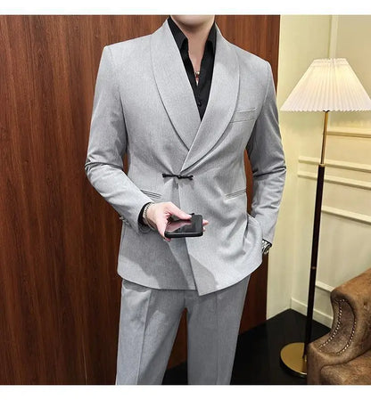 (Jacket+Pants) Vintage Luxury Chinese Style Suit Fashion Men High-end Elegant Business Social Wedding Dress Suit Tuxedo 2Pcs Set