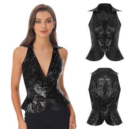 Women's Tassel Sleeveless Waistcoat Shiny Sequins Vest Glitter Fashion Open Front Vests Disco Jazz Dance Music Festival Clubwear