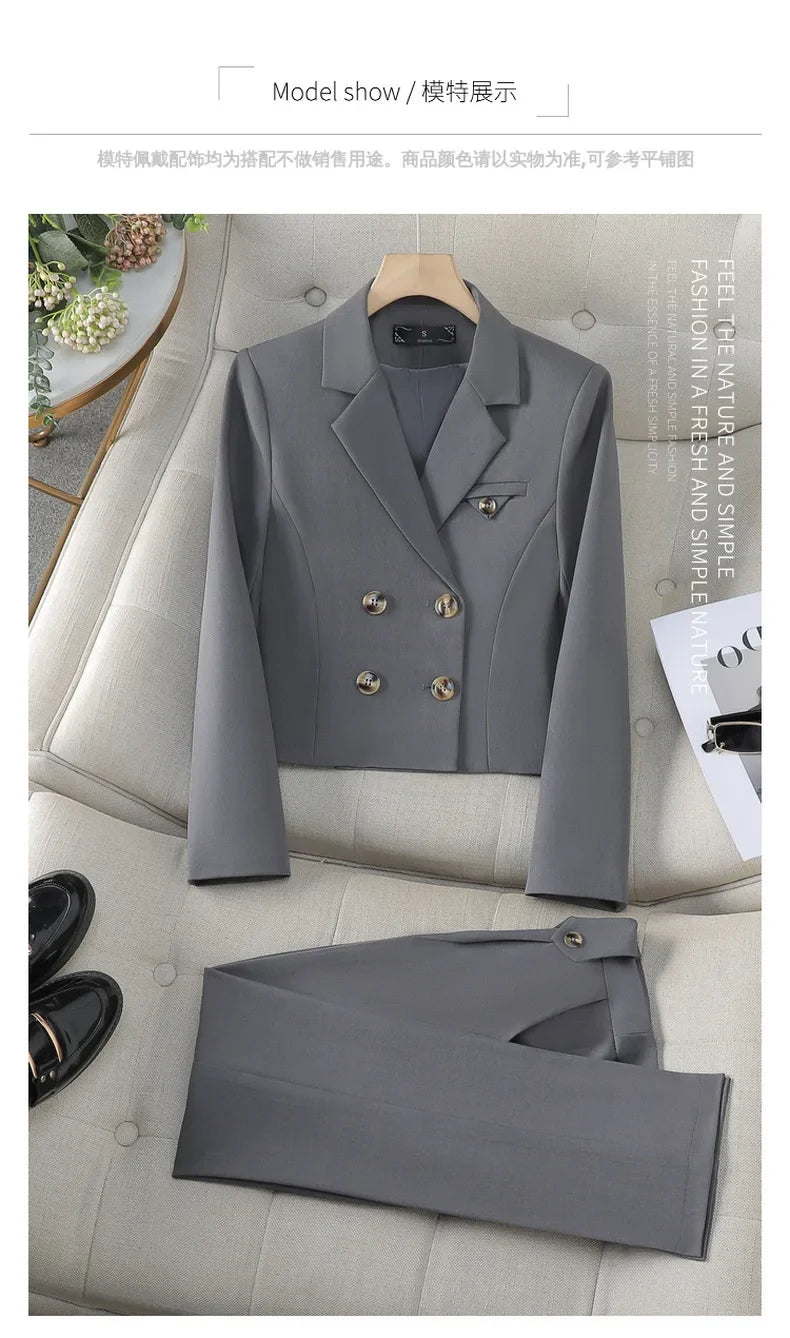 Spring Autumn Solid Women Suits Office Sets 2024 New Fashion Double Breasted Short Blazers Casual High Waist Pencil Pants Suits