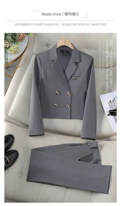 Spring Autumn Solid Women Suits Office Sets 2024 New Fashion Double Breasted Short Blazers Casual High Waist Pencil Pants Suits