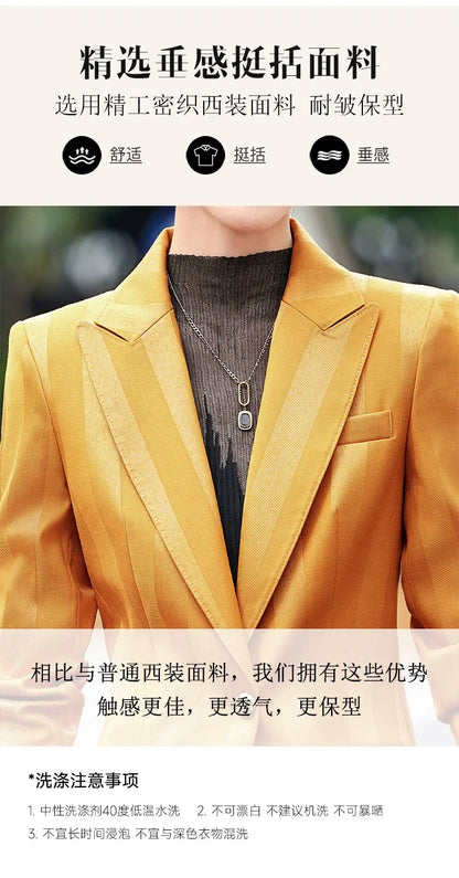 Women Blazer Pants Sets Yellow Two Pieces 2024 Autumn Workwear Trousers Formal Striped Navy Blue Long Sleeve Tops Pantsuit