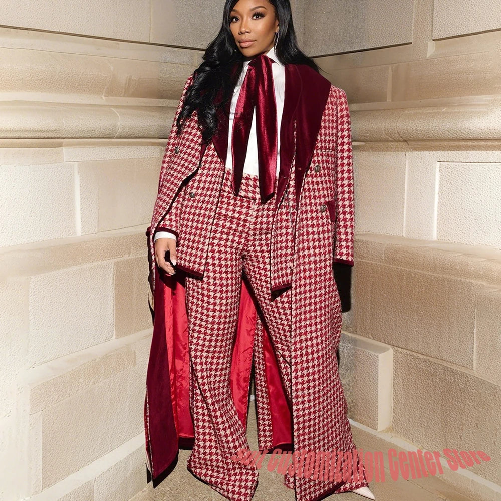 Luxury Houndstooth Women's Jacket+Pants Set Red Stylish Double Breasted Overcoat Formal 3 Pieces Female Evening Party Outfit