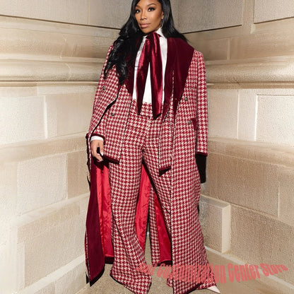 Luxury Houndstooth Women's Jacket+Pants Set Red Stylish Double Breasted Overcoat Formal 3 Pieces Female Evening Party Outfit