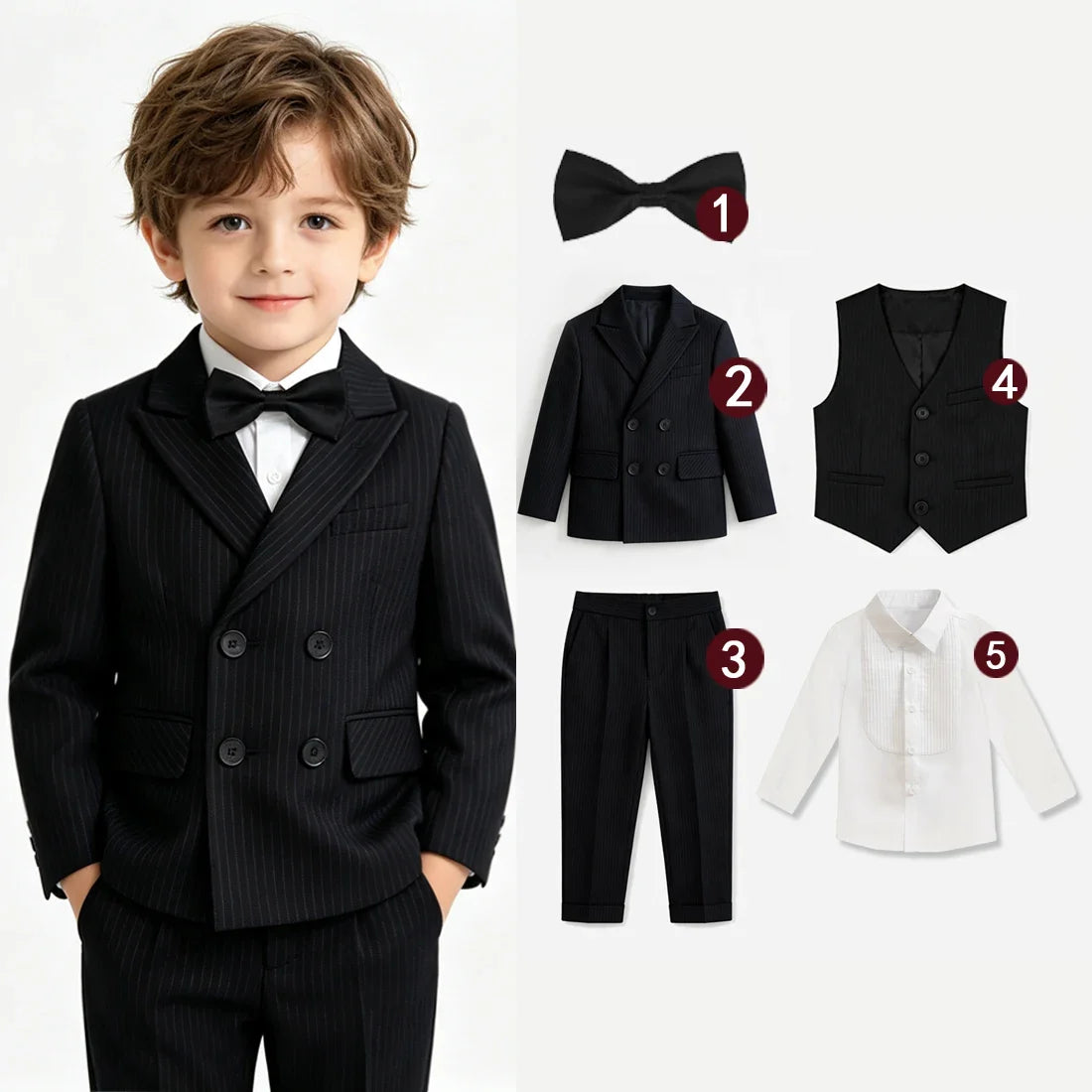 Boys Stripe Wedding Suit Set Kids Gentleman Costume Blazer Vest Pants Bow Tie Outfit for Banquet Christening Formal Party