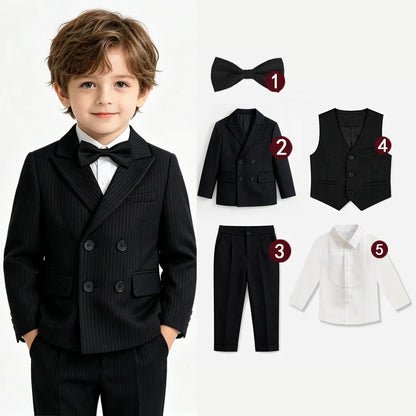 Boys Stripe Wedding Suit Set Kids Gentleman Costume Blazer Vest Pants Bow Tie Outfit for Banquet Christening Formal Party