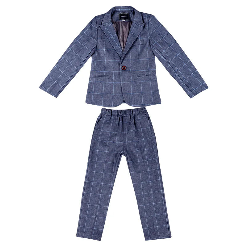 Boys Plaid 4Pieces Wedding Suit Set With Jacket Vest Pants Bowtie Kids Host Piano Performance Suit Children's Birthday Blazer