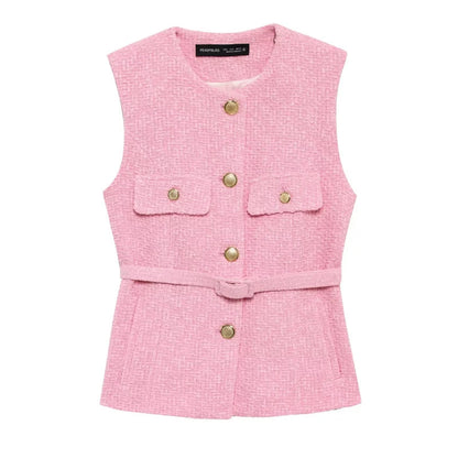 2025 Women's Vest Jackets Cropped Sleeveless Vest Woman Outerwears Belt Summer Casual Coats Black Pink Vest Button Jacket