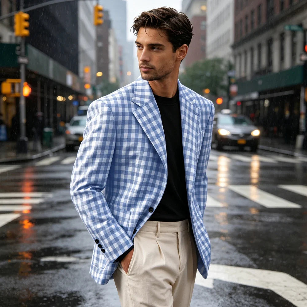 Men's Checkered Cotton Blazer Notched Lapel Single-Breasted Casual Business Summer Sport Coat with Patch Pockets