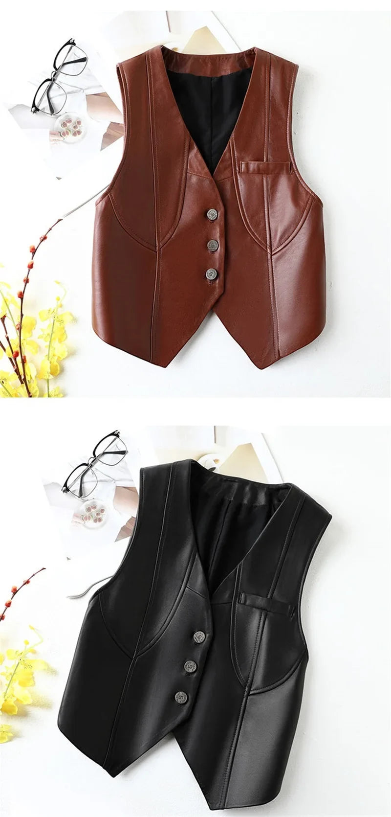 2024 New Spring Women's Casual V-neck Button Imitation Leather Fine Cut Black Vest Female Waistcoat Sleeveless Jacket