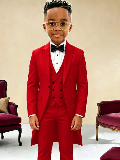 New Boys Long Jacket Vest Pants 3 Pieces Suits Piano Performance Wear Classy Peak Lapel Kid Slim Fit Suit Set For Wedding