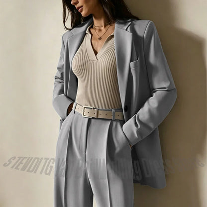 Dusty Blue Women Suits Casual Loose Single Breasted Blazer Pants 2 Piece Minimalist Fashion Office Daily Wear Outfit Set