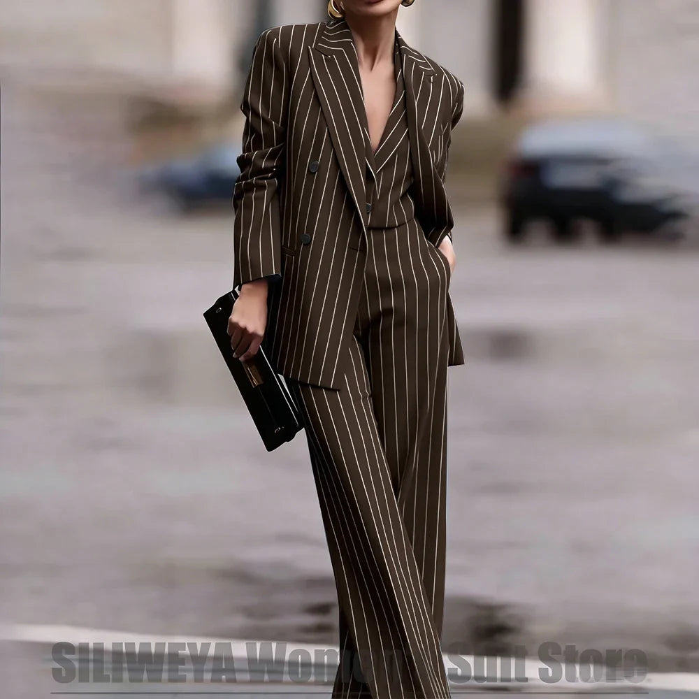 Navy Women's Striped 3 Piece Suit Double Breasted Blazer Vest Wide-Leg Pants Set Fashion Formal Party Office Casual Outfit