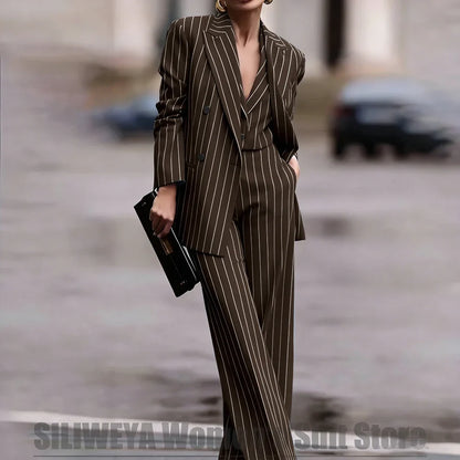 Navy Women's Striped 3 Piece Suit Double Breasted Blazer Vest Wide-Leg Pants Set Fashion Formal Party Office Casual Outfit