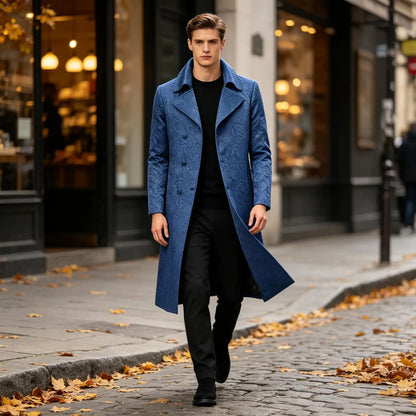 Men Luxury Jacquard Long Trench Coat Lapel Formal Overcoat Outerwear For Wedding Prom Banquet Club Evening Business Stage Party