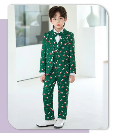 Boys Christmas Blazer Jacket Waistcoat Pants Wedding Suits Kids Morning Coat Formal Dress Children Tuxedos Toddler Clothes Sets